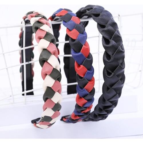 Solid Color Braid Headband for Women PU Faux Leather Elastic Hairbands Retro Hair Hoop Bands Girls Bezel Female Hair Accessories