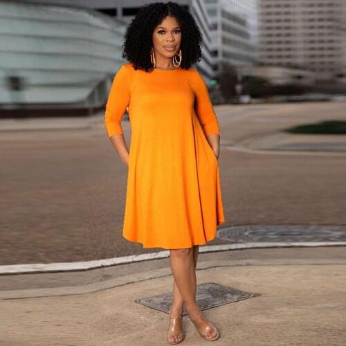 Round Neck Three Quarter Sleeve A-line Dress Women Round Neck Pleated Fit and Flare Dress Office Lady Solid Knee Length Dresses