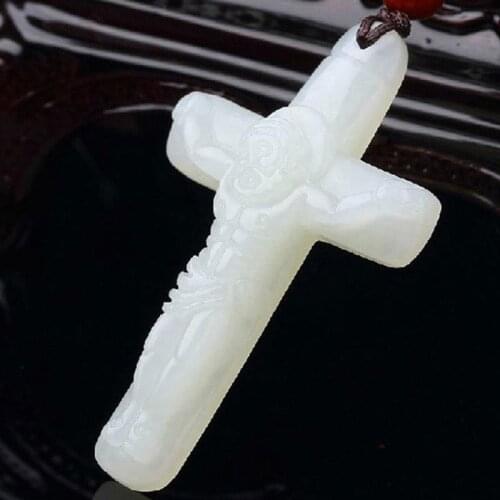 Natural White Hand Carved Cross Jade Pendant Fashion Jewelry Mens and Womens Jesus Necklace