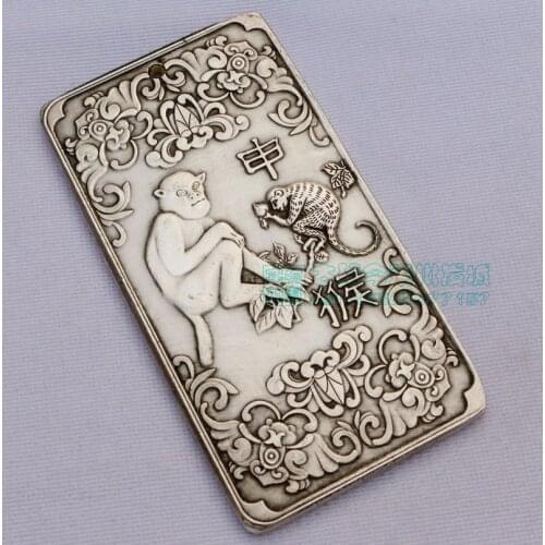 Chinese tibet Silver Bullion thanka fengshui Chinese zodiac monkey amulet necklace pendant metal handicraft