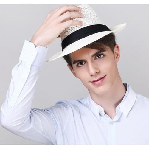 Mens Panama Hat Male Fashion Straw Sun Cap Wide Brim Bucket Sunscreen Cap Hawaiian Summer Beach Sun Straw Fedora Hats B-8257