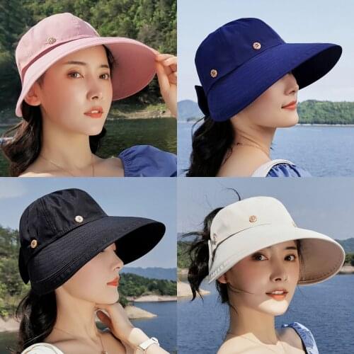 Hot Sale Solid Color Sun Hats For Women Visor Protection Hat With Buttoms Summer Outdoor Sunhat gorras hombre кепка женская