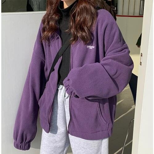 Women Plus Fleece Hoodies Streetwear Zip-up Turn-down Collar Oversize Jackets Causal Trendy Kpop BF Style Women Sweatshirt
