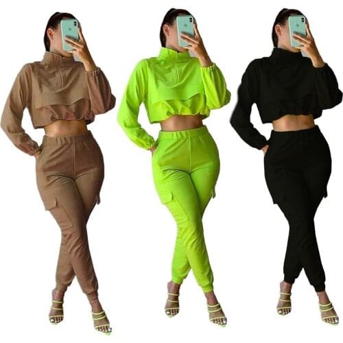 Women’s 2 Piece Outfits, Casual Long Sleeve Stand Collar Half Zip Crop Top and Pants Set Tracksuit