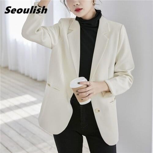 Seoulish New 2021 Spring Autumn White Womens Blazers Single Breasted Female Formal Jackets Pockets Loose Outerwear Chic Tops