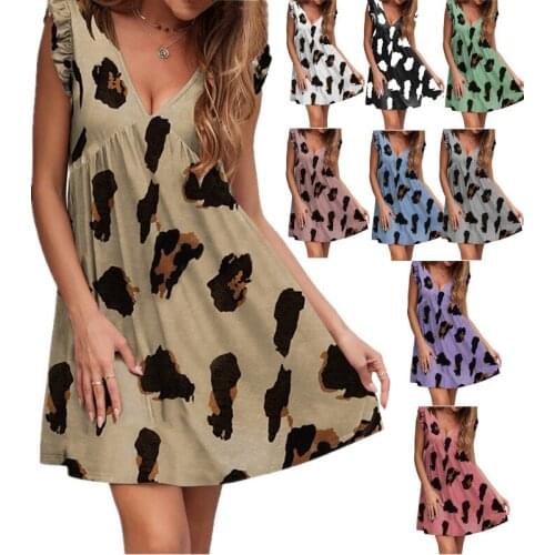 Women Leopard Print V-neck Ruffles Patchwork Mini Dress Summer Casual Slim High Waist Fashion A-line Party Short Vestidos Street