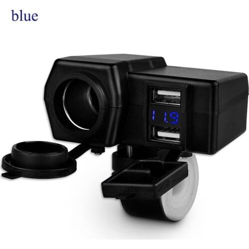 12-24V Waterproof Motorcycle GPS Cigarette Lighter Dual USB Power Socket Charger Digital Display Dual USB Car Charger (Blue)