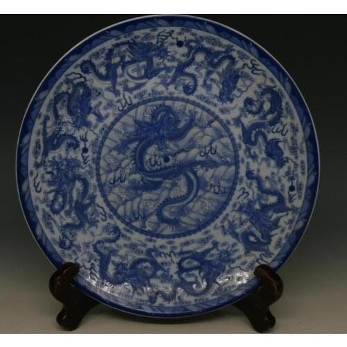 #3 Antique QingDynasty porcelain plate,blue and white nine dragon plate,Hand-painted Crafts,Collection &adornment,Free shipping