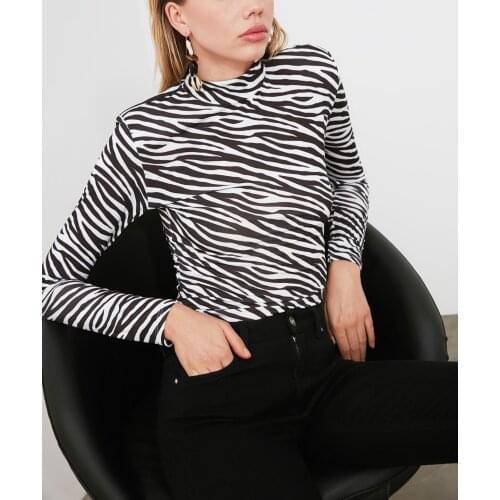 Long Sleeve Turtleneck Animal Zebra Print Bodycon Party Bodysuit Stretch Slim Women new season bodysuits sexy