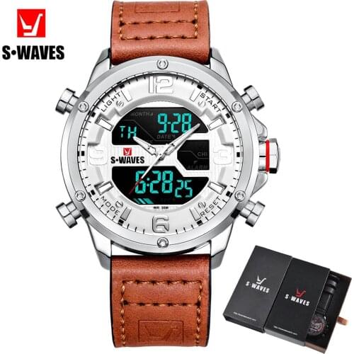 Dual Display Military Watch Men SWAVES Big Brand Leather Waterproof Mens Wrist Watches Sport Luxury LCD Relojes Hombre With Box