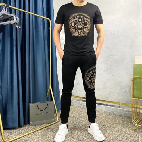 Mens Summer Round Neck Short Sleeve+Trousers 2-Piece Suit Slim Jogging Sportswear Personalized Hot Drilling Style