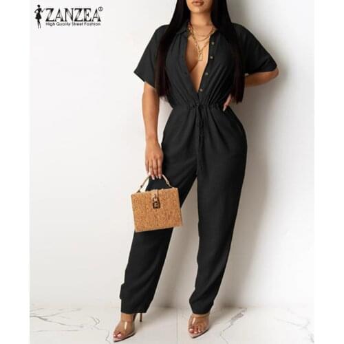 ZANZEA Femme Elegant Baggy Button Drawstring Playsuit Work Pant Summer Mono Jumpsuit Lady Casual Short Sleeve Lapel Sexy Romper