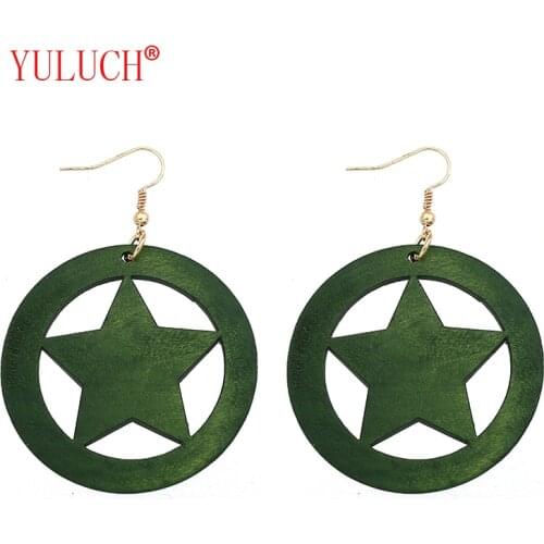YULUCH Ethnic Woman Earrings Accessories Natural Wooden Round Hollow Out Lucky Star Pendant for African Jewelry Gifts