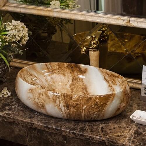 Ceramic Above Counter Basin Oval European Style Imitation Marble Oval Art Basin Bathroom Vanity Basin Wash Basin Bathroom Sinks