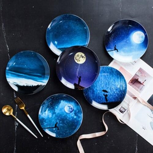 Nordic Style Starry Sky Ceramic Plate Net Red Pendulum Breakfast Western-style Steak Plate Round Home Creative