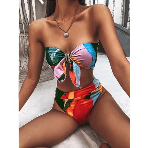 Sexy Print Bikini Set Swimsuit Women Off Shoulder Bandeau Swimwear High Waist 2 Pcs Bathing Suit Strapless Biquini Sport Bather