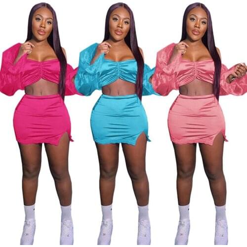 2021 Spring Summer Ruched Two Piece Set Off The Shoulder Long Puff Sleeve Vest And Side Split Mini Skirts Club Sexy Party Wear