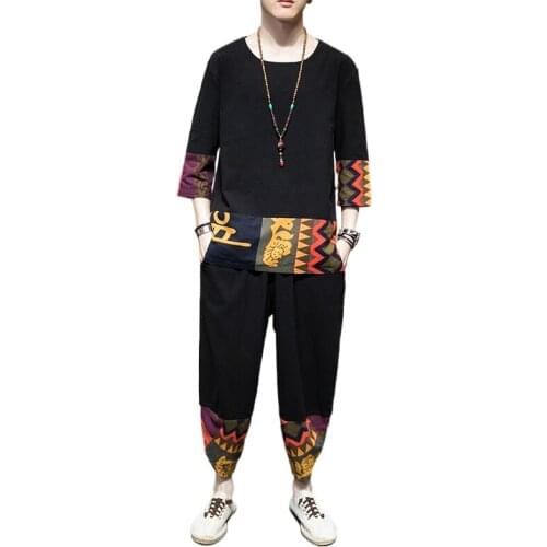 Plus Size M-5XL Loose Fashion Black Cotton Linen Suit Summer Traditional Chinese Clothing Style Orient Tang Hanfu for Men Sets