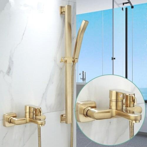 Bathtub Shower Set Wall Mounted Brushed Gold Bath and Shower Faucet, Bathroom Cold and Hot Bath and Shower Mixer Tap Brass
