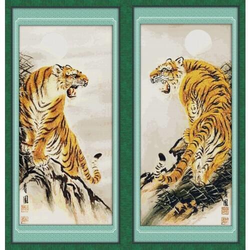 NKF Uphill Tiger Cross Stitch Pattern Handmade Craft Painting Needlework Embroidery Kit Cross Stitching Set for Home Decor