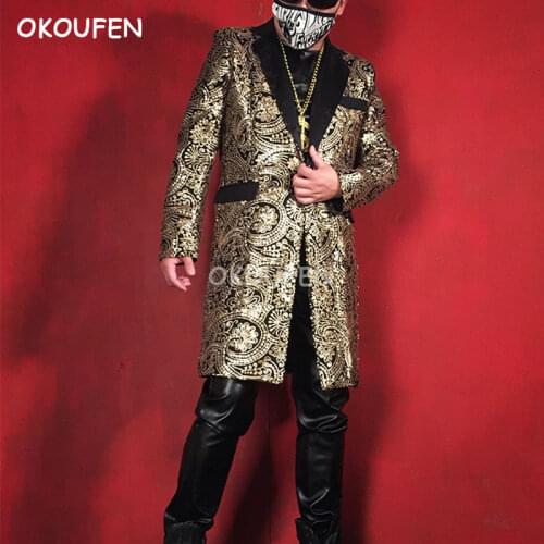 New fashion Matte sequin long suit jacket male singer DS stage nightclub bar host performance coat