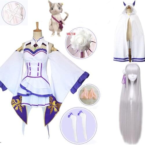 Re Zero Kara Hajimeru Isekai Seikatsu Emilia Wigs Cosplay Costumes Women Dress With Headdress For Halloween Party