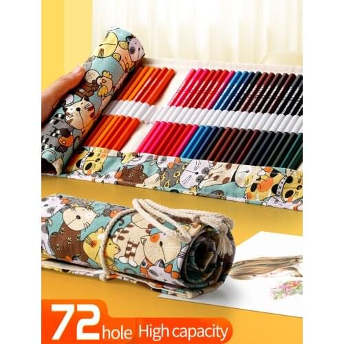 Pen curtain canvas large capacity school cute 48hole color sketch roll pencil case art painting multifunction storage bag simple