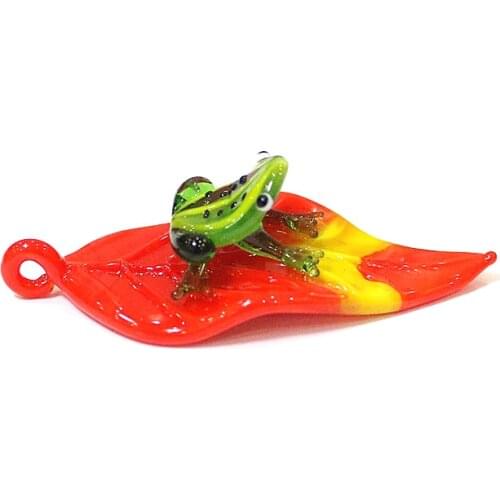 Hanging Murano Glass Leaf Pendant With Creative Miniature Cute Frog Figurine Craft Ornament Home Fairy Garden Decor Accessories