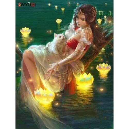 Full Round Diamond painting girl cat lake DIY 3D Diamond mosaic Full Square Diamond embroidery Cross stitch girl cat lake lamp