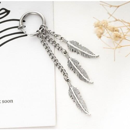 Fashion Men Punk Stainless Steel Stud Earring Earrings Feather Tassel Long Chain Pendant Unisex Trend Rock Hipster Ear Clip Gift