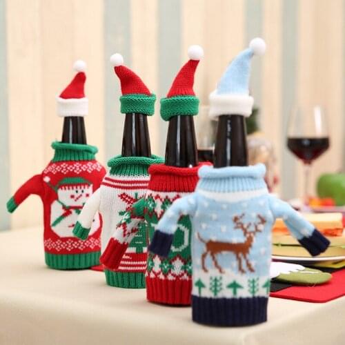 2pcs/set Christmas Decorations Wine Bottle Sweater Cover Bag Santa Claus Knitting Hats for New Year Xmas Home Dinner Party Decor