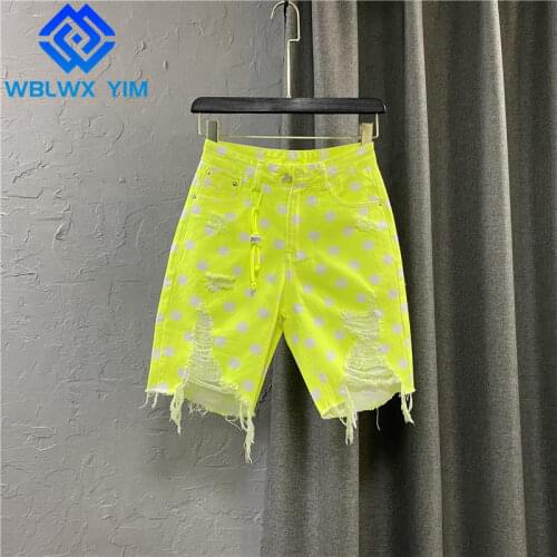 High Waist Denim Shorts Women Hole Pocket Fashion Dot Print Summer Jeans Shorts Female Casual Loose Wide leg Short Pants Jeans
