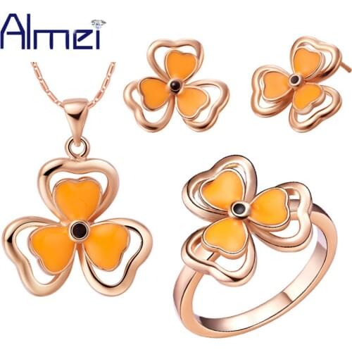 Almei Yellow Jewelry Set Love Silver Necklace Sets for Women Rose White Gold Color Flower Wedding Earrings Cheap Ring T282