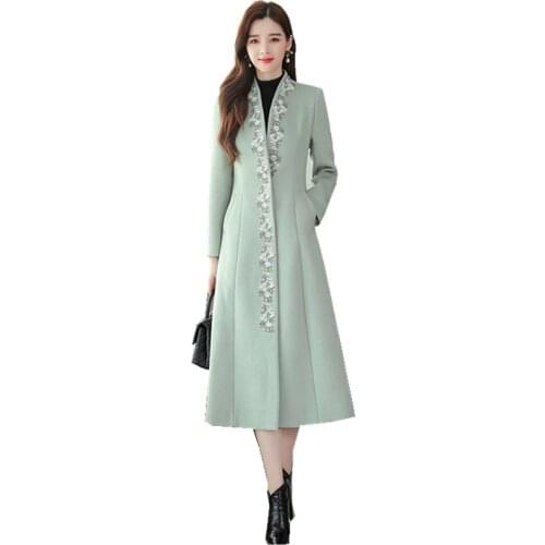 Autumn and winter new fashion wild long thickened ladies Slim temperament plus size woolen coat embroidered woolen trench coat