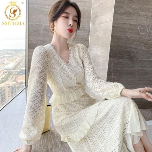 SMTHMA New Spring Womens Clothing Korea Temperament Dress Female Sexy V-Neck Long Sleeve Ruffle Slim Waist Vestidos