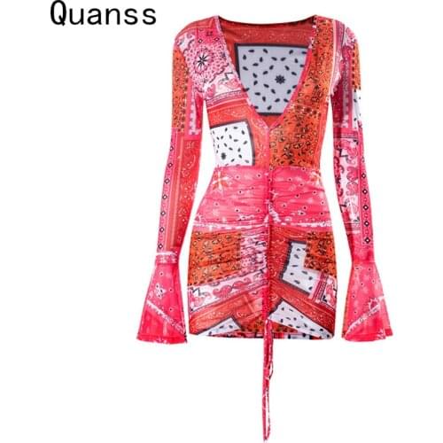 Quanss Spring Long Sleeve Deep V Neck Mesh Sexy Dress Women 2021 Summer Print Draw String Bodycon See Through Club Mini Dresses