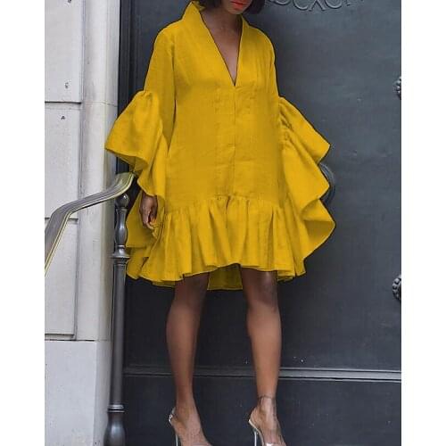 Loose Ruffles Retro Lantern Sleeve Office Lady Solid Color Plus Size Spring Casual Shirt Dress For Women