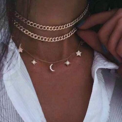 Gold Color Thick Chain Choker Rhinestone Star Moon Clavicle Chain Female Layered Necklaces for Women 2020 Fashion Jewelry New
