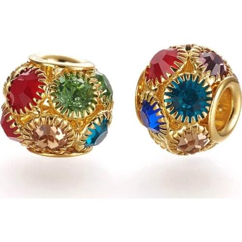10Pcs Color Rhinestone Pave Brass Beads Rose Gold Rondelle Spacer Crystal European Charms fit Pandora Bracelet Jewelry Making