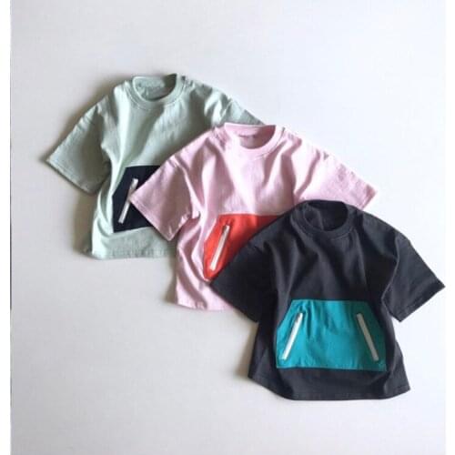 2021 Children Summer New O-Neck Color Contrast Zipper Pocket Girls and Boys Cotton Short Sleeve T-Shirt Leisure Trend Matching