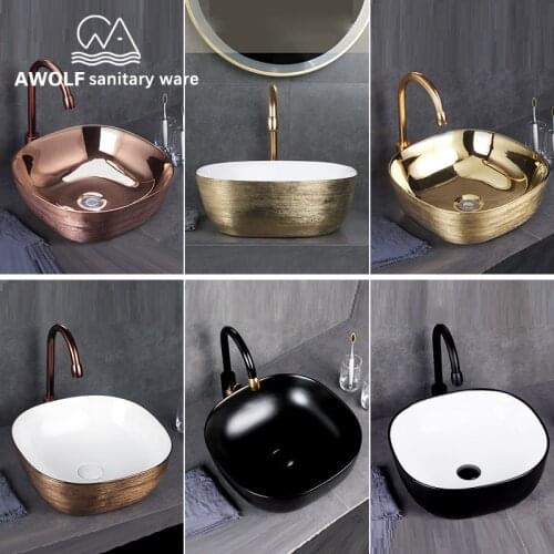Art Bathroom Ceramic Vessel Sinks Brushed Rose Gold Washing Basin Bowl Golden Matte Black White Luxury Basin Sink AM909