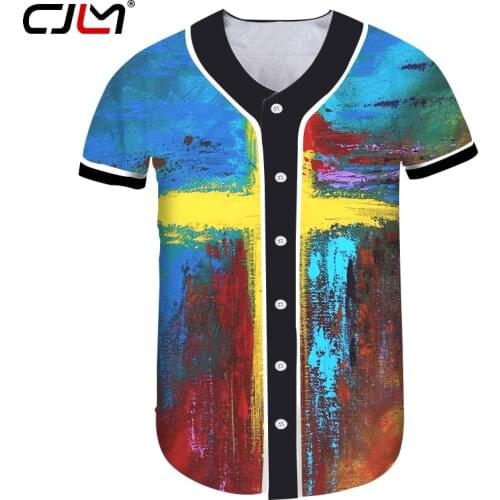 CJLM Cross Art Painting Print 3D Baseball Uniform Men Oil Painting Short Sleeve Jacket Round Neck Pullover Fashion Plus Size 5XL