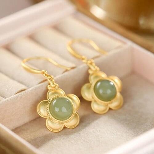 Natural Hetian Jade Gray Jade Plum Earrings Inlaid S925 Sterling Silver Classical SUNFLOWER Earrings Retro Exquisite Earrings