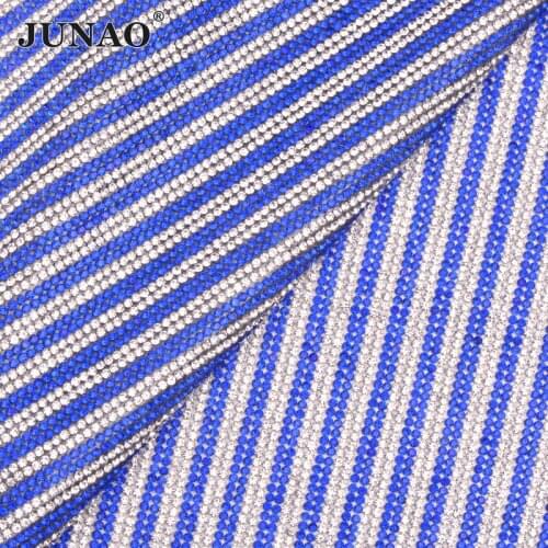 JUNAO 24*40cm Glitter Blue and Clear Adhesive Rhinestone Mesh Hotfix Glass Trim Crystal Fabric Applique Strass Ribbon For Crafts