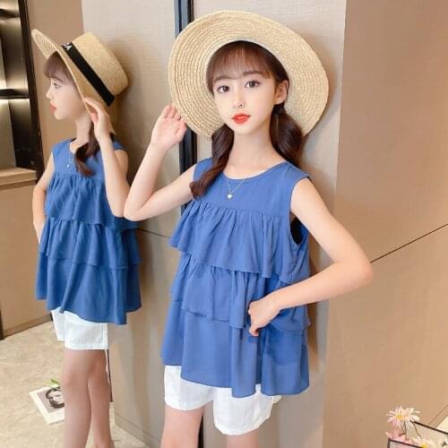 Teenage Girls Summer Sets Kids Sleeveless for Girls Ruffle Cotton Top +Casual Cotton Shorts Hot Pants 2Piece Outfits 10 12 Year