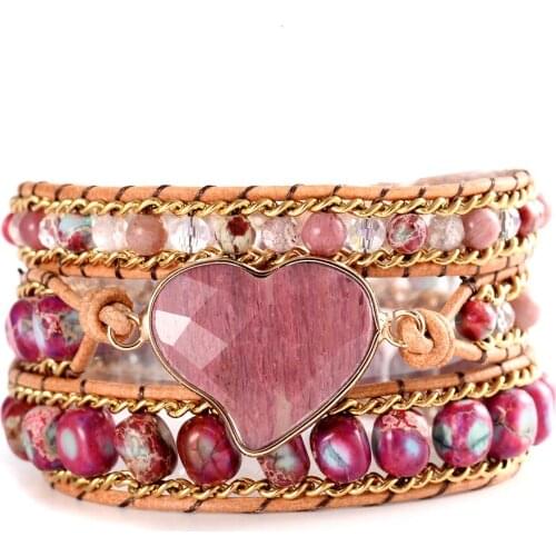 Red Faceted Stone Heart Wrap Bracelets Leather Handmade Beaded Lover Bangles