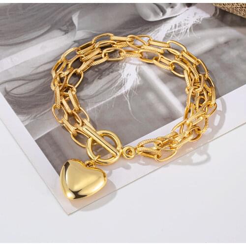 LOVR Fashion Bracelets For Women Love Heart Gold Color Metal Statement Link Chains Female Bracelets Deep Love Dinner Jewelry