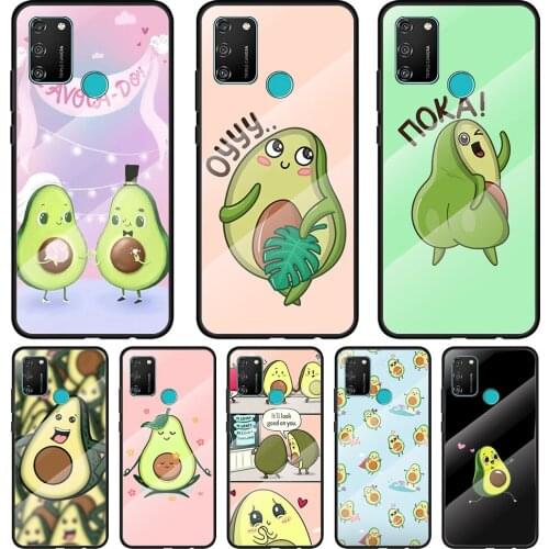 Cute Cartoon Avocado Tempered Glass Cover For Honor 30 20 10 9X 8X Pro Plus Lite Silicone Phone Case Coque