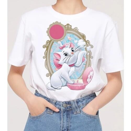 WVIOCE Fashion Women Korean O Neck Clothes Kawaii Cat Print Female T-shirt Casual Tops Vintage Aesthetic Lady Loose T Shirt