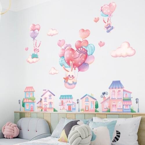 Pink Bunny Balloon Town Wall Stickers for Kids room Nursery Girls room Wall Decor Cartoon Feather Vinyl Wall Decals Home Decor